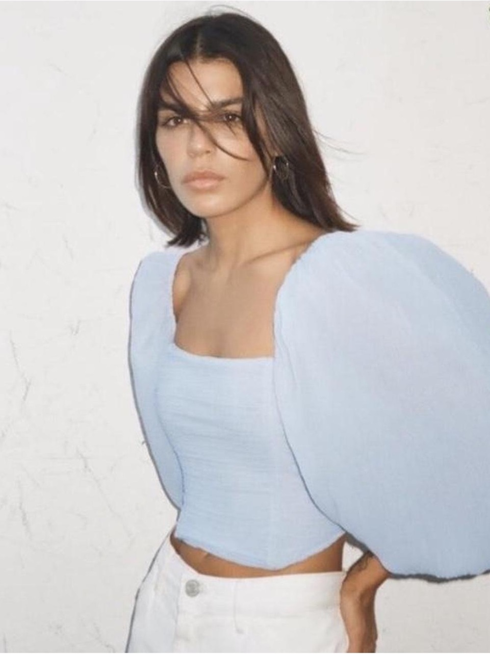 Zara Off-Shoulder Light Blue Puff Sleeve Cropped Top - Picture 2 of 5